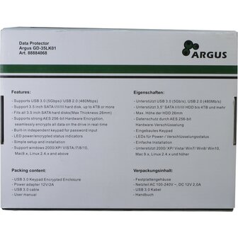 Argus GD-35LK01 Beveiligde Behuizing voor 3.5&rdquo; HDD &ndash; USB 3.0 met Encryptie