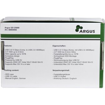 Argus GD-25000 Transparante Behuizing voor 2.5&rdquo; SSD/HDD &ndash; USB 3.0
