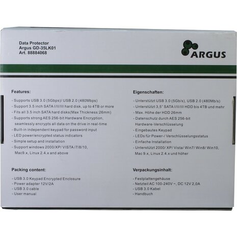 Argus GD-35LK01 Beveiligde Behuizing voor 3.5” HDD – USB 3.0 met Encryptie