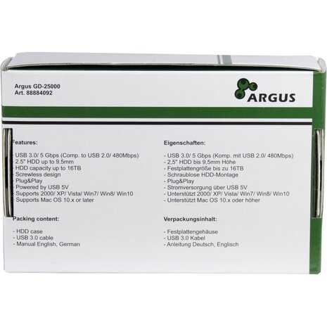 Argus GD-25000 Transparante Behuizing voor 2.5” SSD/HDD – USB 3.0